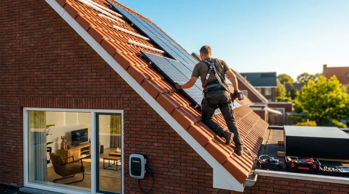 Vakman bezig met het instellen van een slimme laadpaal met load balancing in een Nederlandse woning