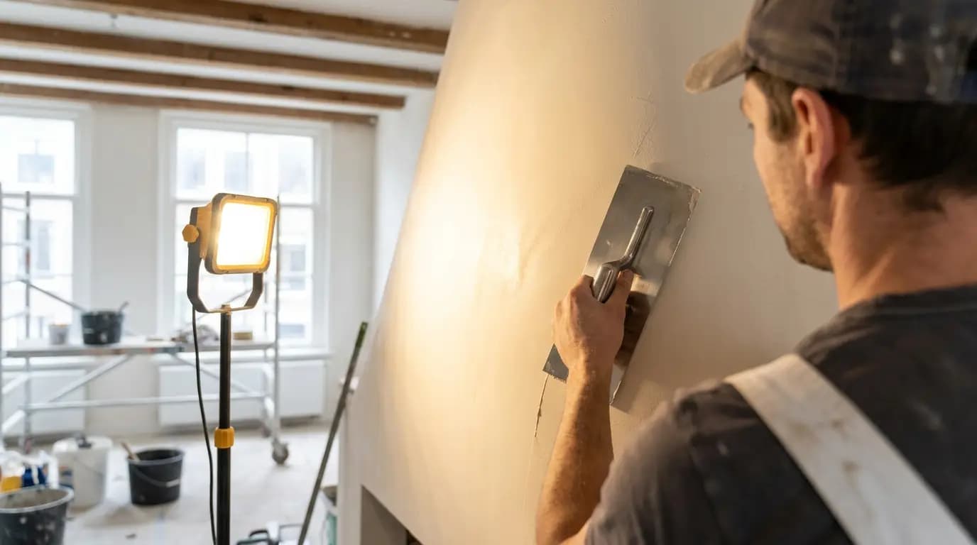 Vakman bezig met sierpleister of wandafwerking aanbrengen in een Nederlandse woning