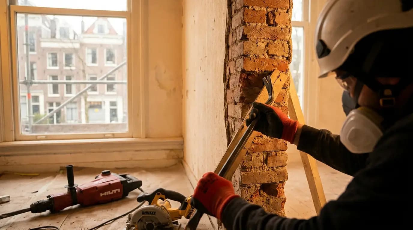 Vakman bezig met sloopwerk in een Nederlandse woning