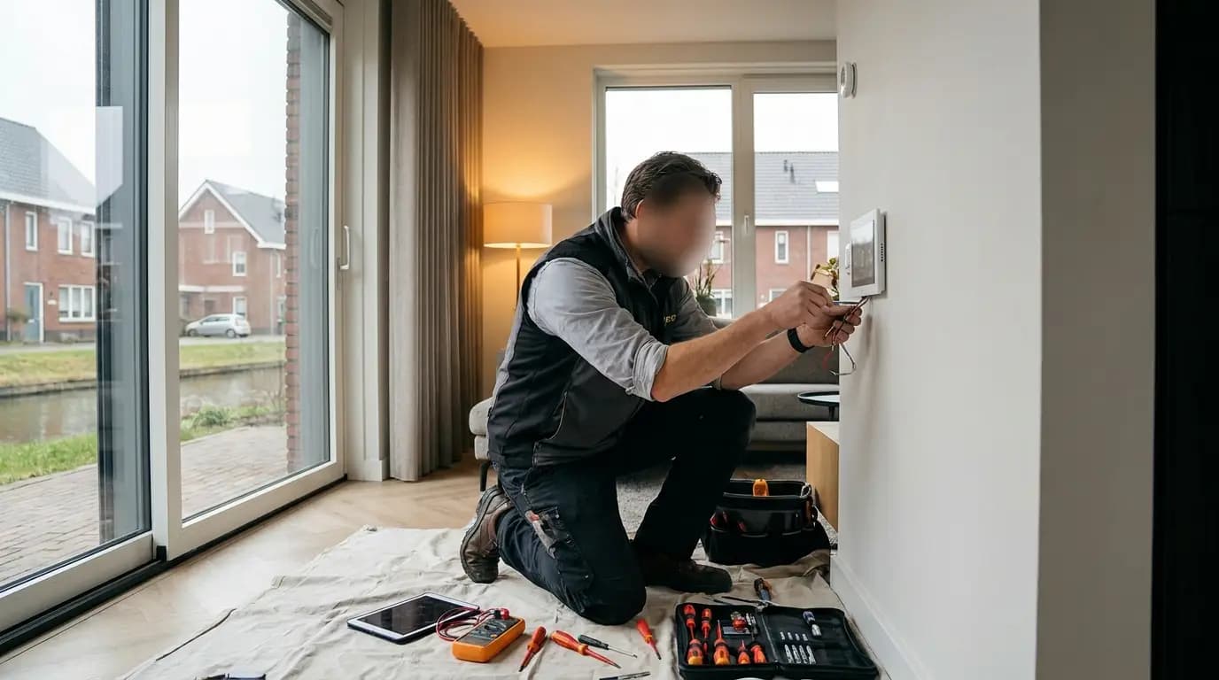 Vakman bezig met smart home bediening installeren in een Nederlandse woning