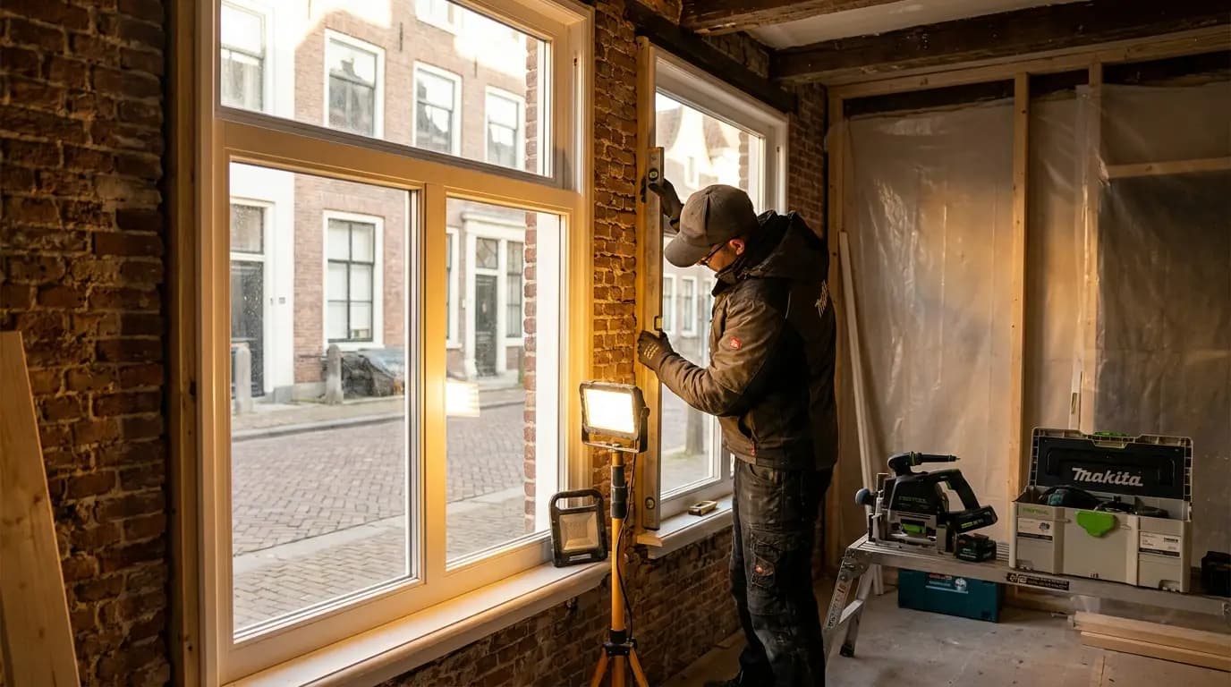 Vakman bezig met spiegelglas plaatsen of vervangen in een Nederlandse woning