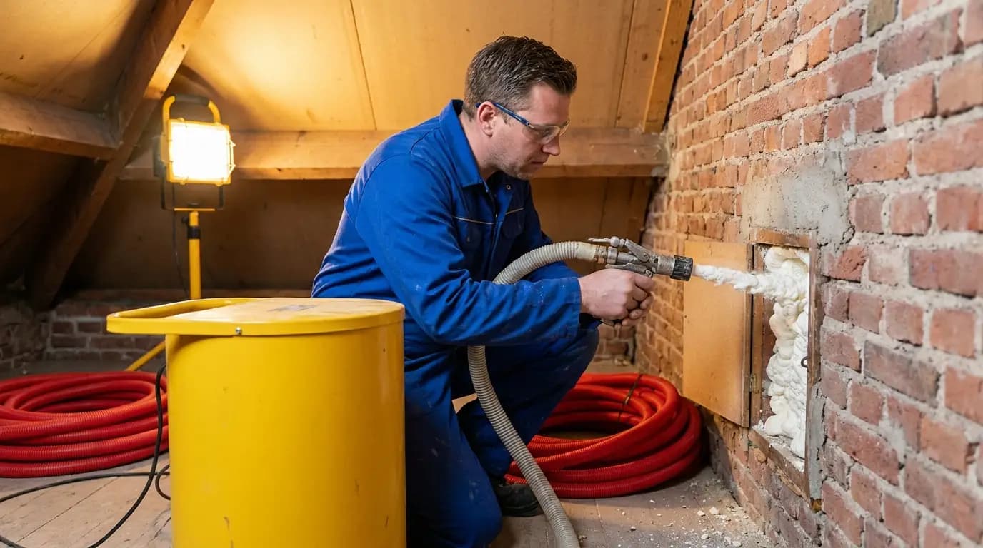 Vakman bezig met spouwmuurisolatie inblazen in een Nederlandse woning