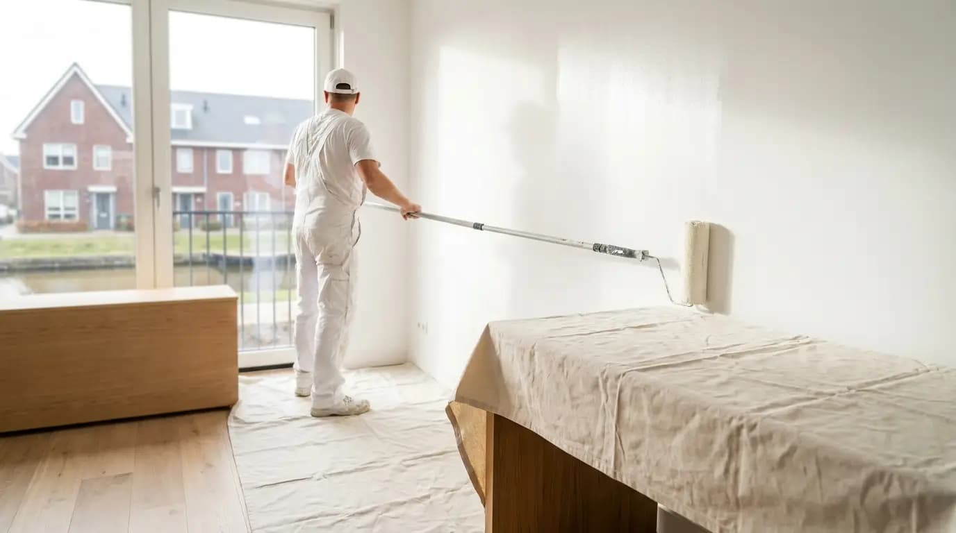 Vakman bezig met spuitwerk op kozijnen en deuren in een Nederlandse woning