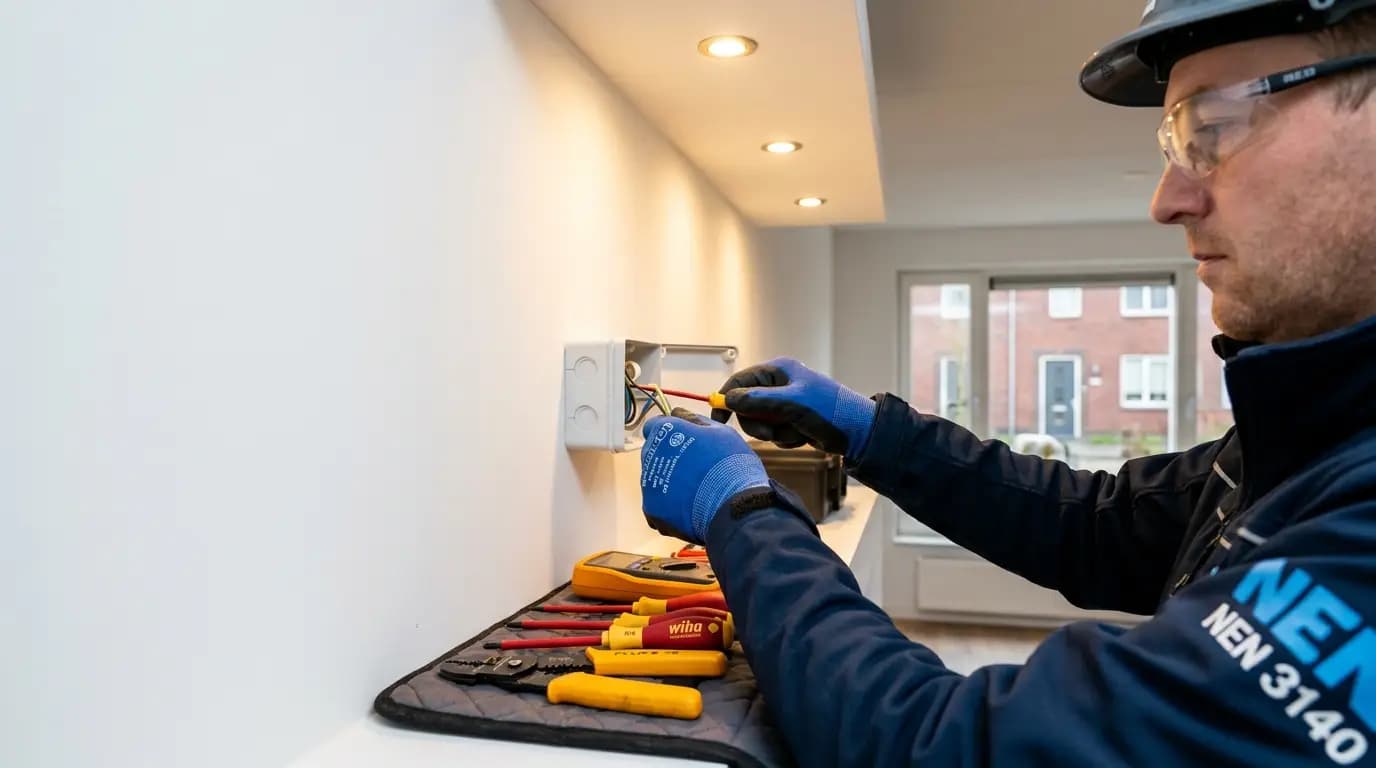 Vakman bezig met stopcontacten en schakelaars installeren in een Nederlandse woning