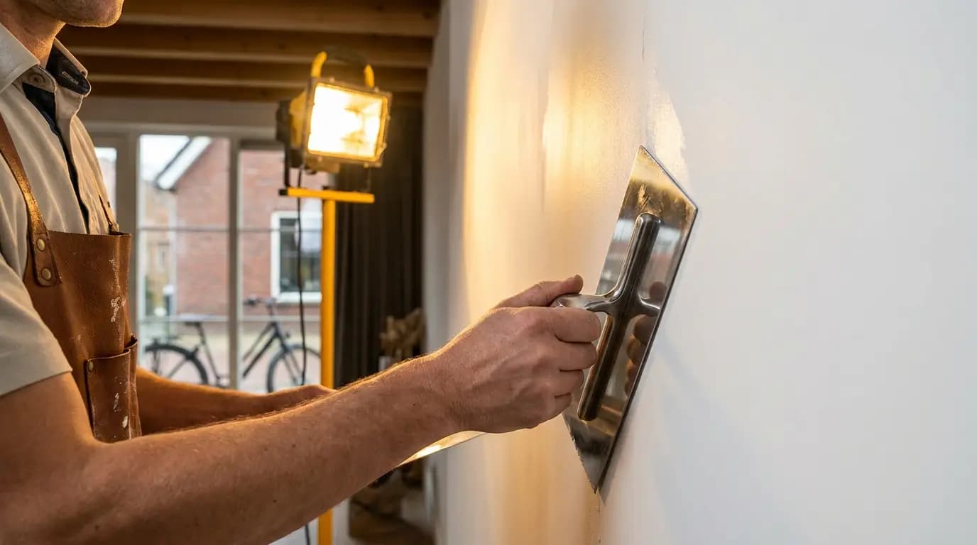 Vakman bezig met stucwerk binnen in een Nederlandse woning