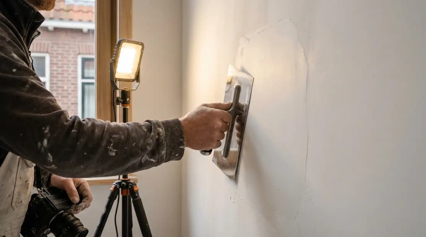 Vakman bezig met stucwerk repareren in een Nederlandse woning