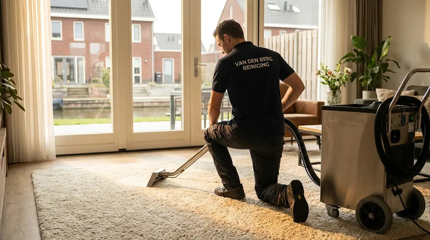 Vakman bezig met tapijt of vloerbedekking reinigen in een Nederlandse woning