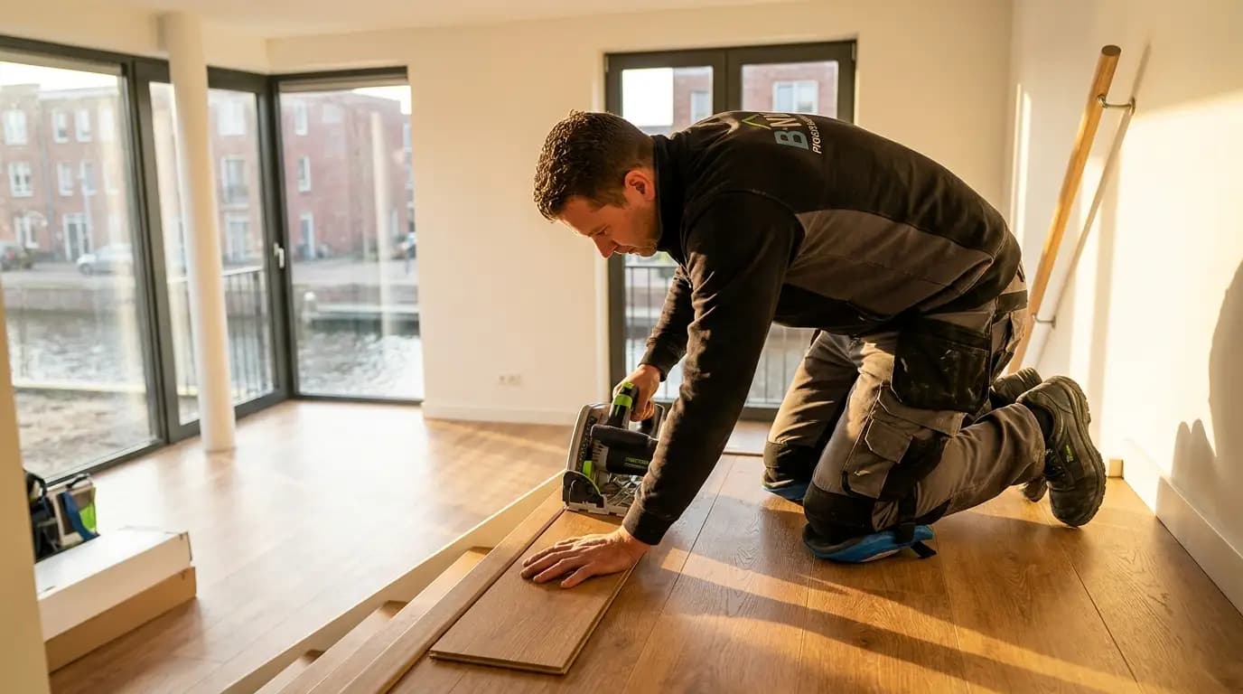 Vakman bezig met tapijt of vloerbedekking op trap leggen in een Nederlandse woning