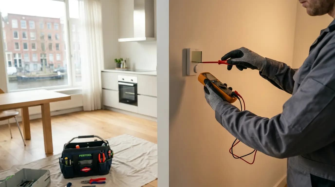 Vakman bezig met thermostaat plaatsen of vervangen in een Nederlandse woning
