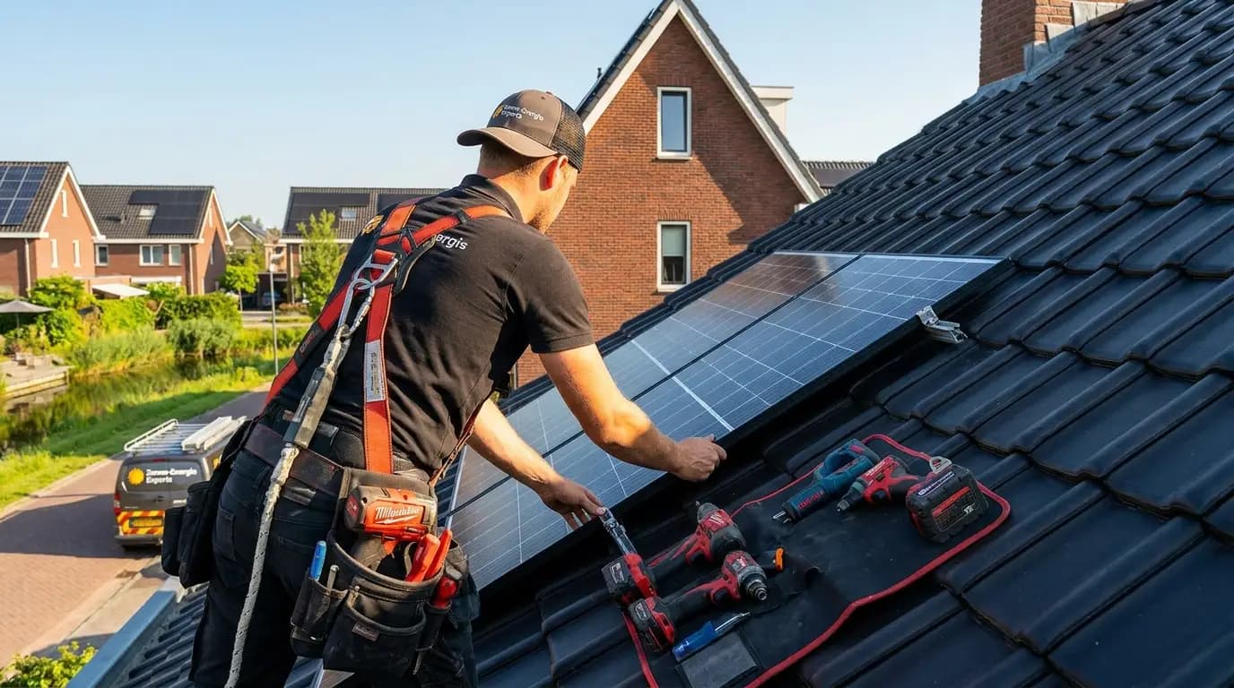 Vakman bezig met thuisbatterij installeren in een Nederlandse woning
