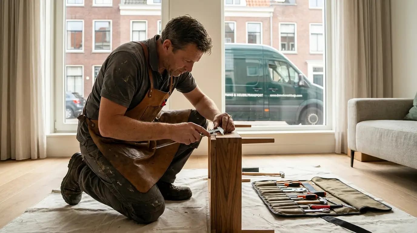 Vakman bezig met transport van piano of meubilair in een Nederlandse woning
