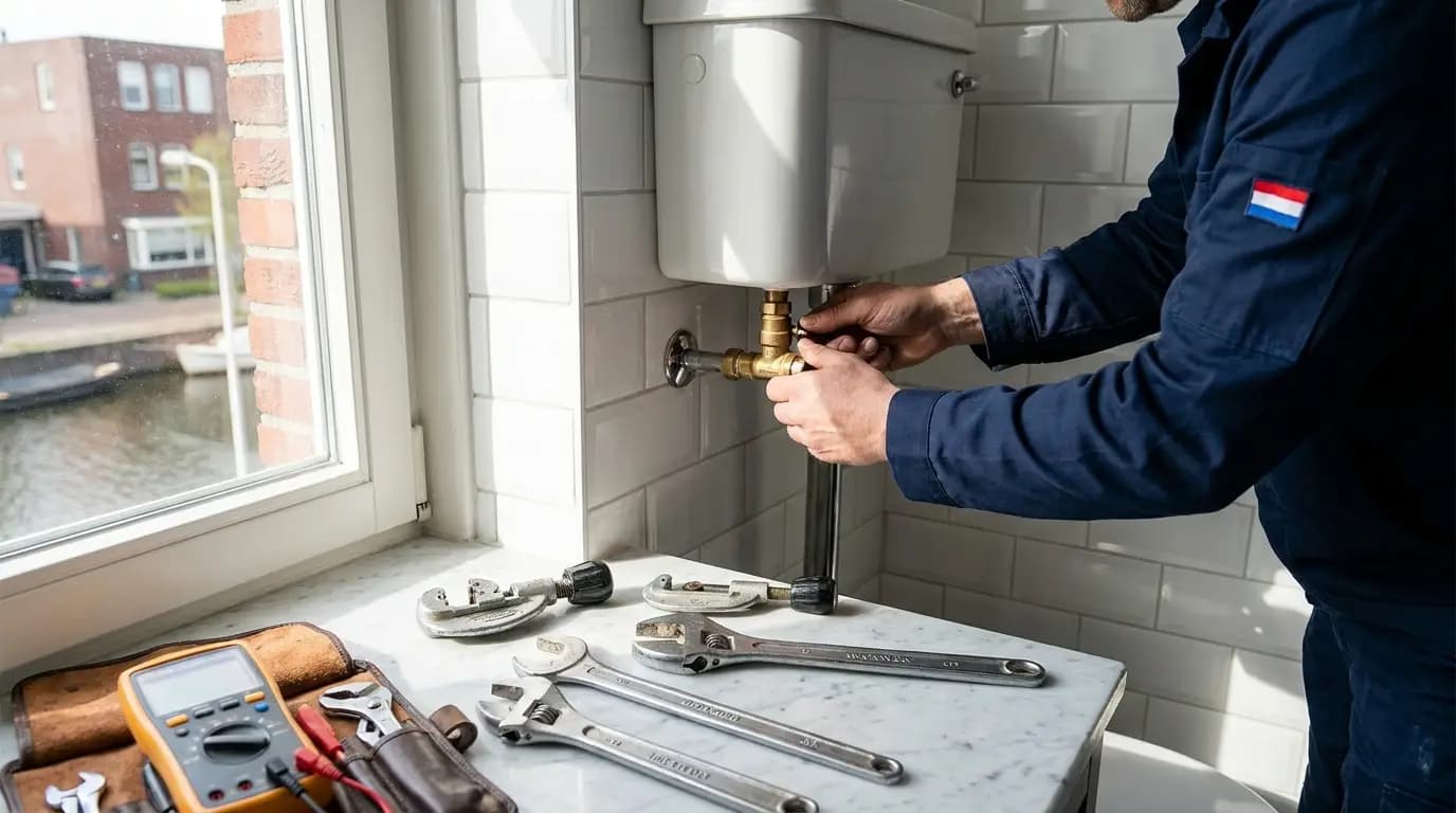 Vakman bezig met toilet repareren in een Nederlandse woning