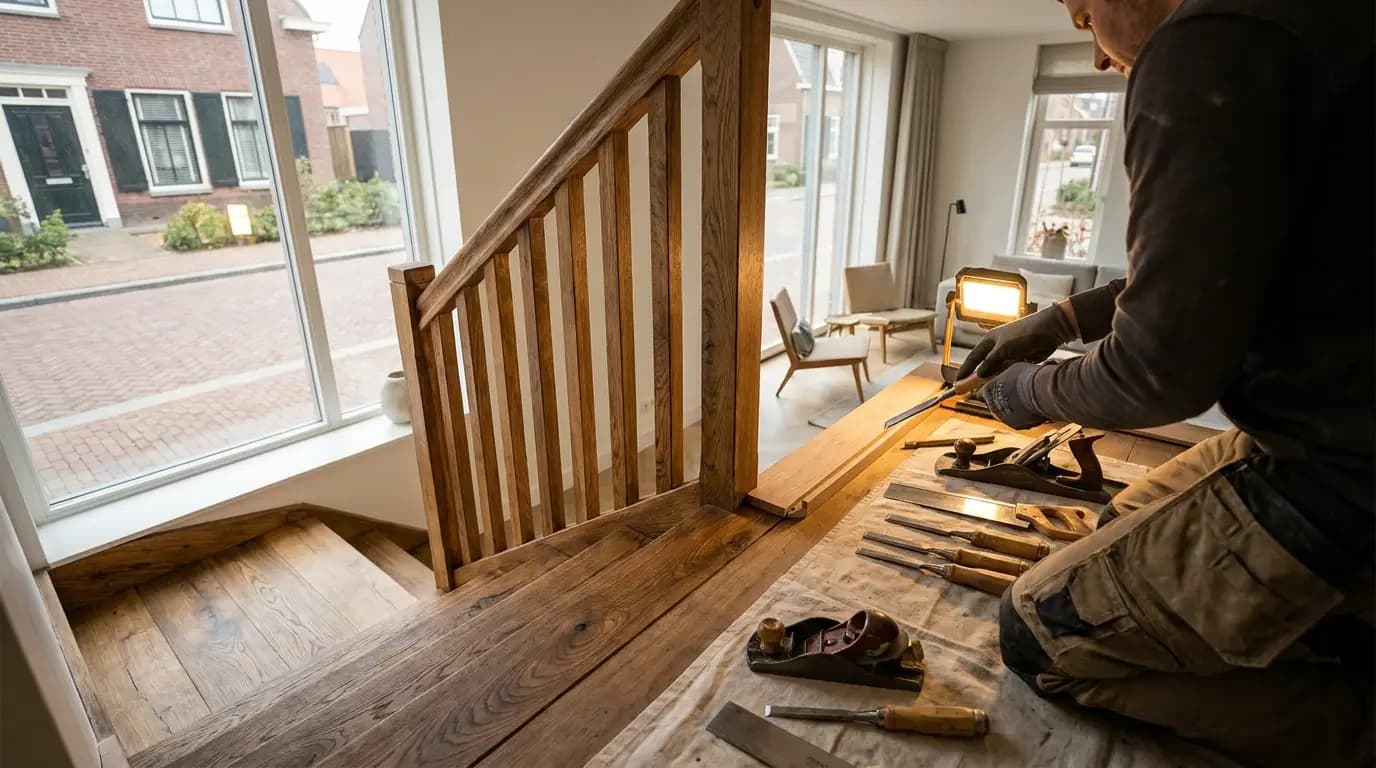 Vakman bezig met trap reparatie of onderhoud in een Nederlandse woning