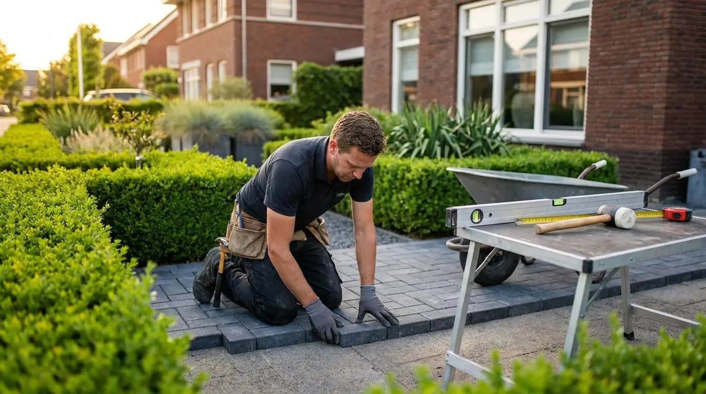 Vakman bezig met tuinaanleg in een Nederlandse woning