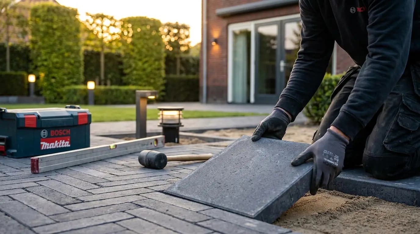 Vakman bezig met tuin- of buitenverlichting installeren in een Nederlandse woning