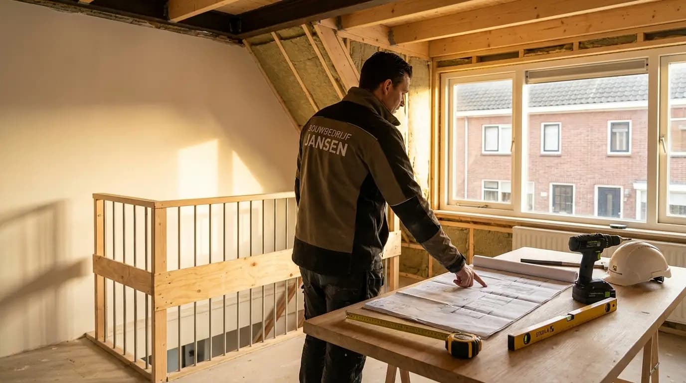 Vakman bezig met trapgat afsluiten of beveiliging in een Nederlandse woning