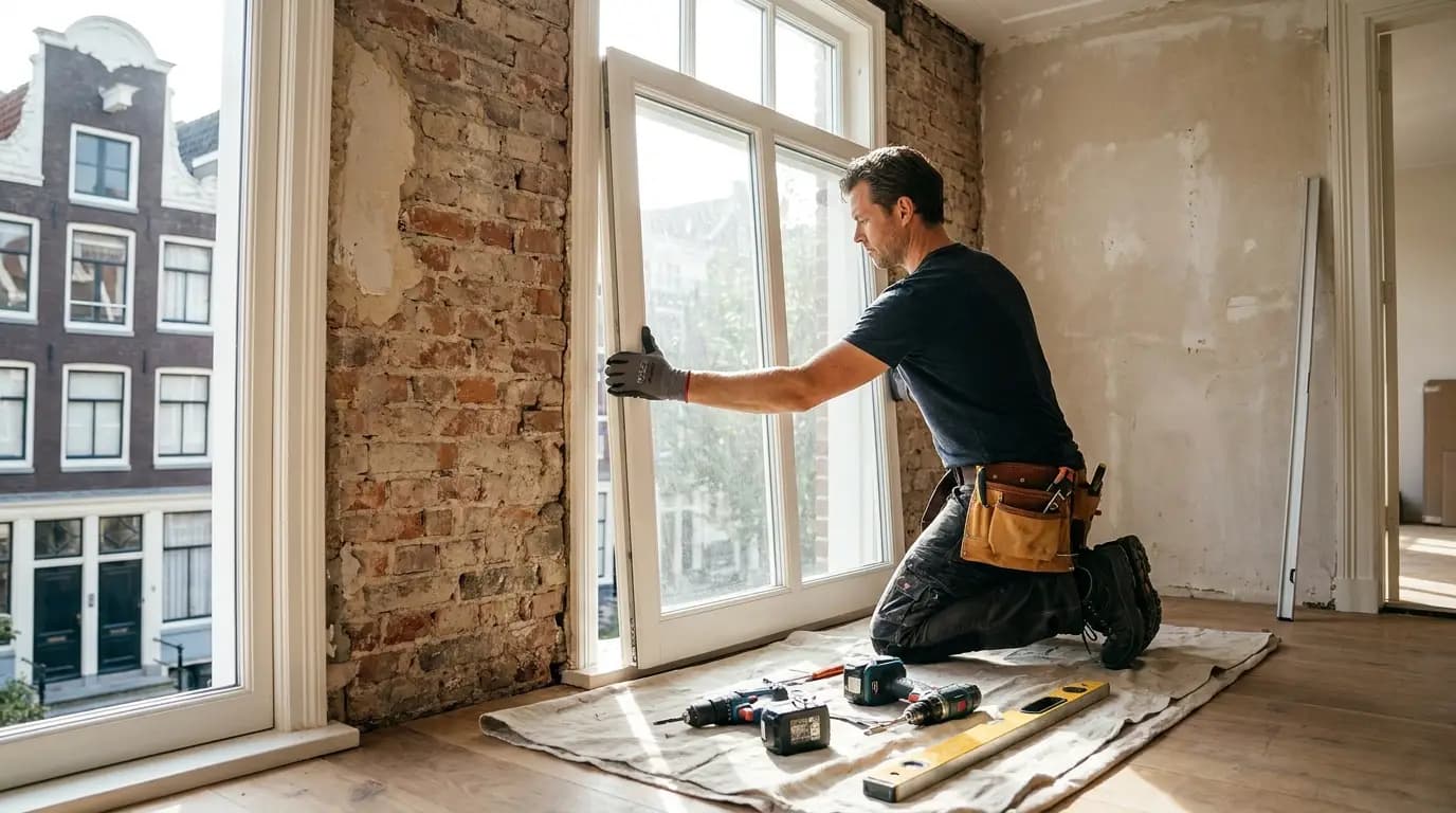 Vakman bezig met vensterbanken plaatsen of vervangen in een Nederlandse woning