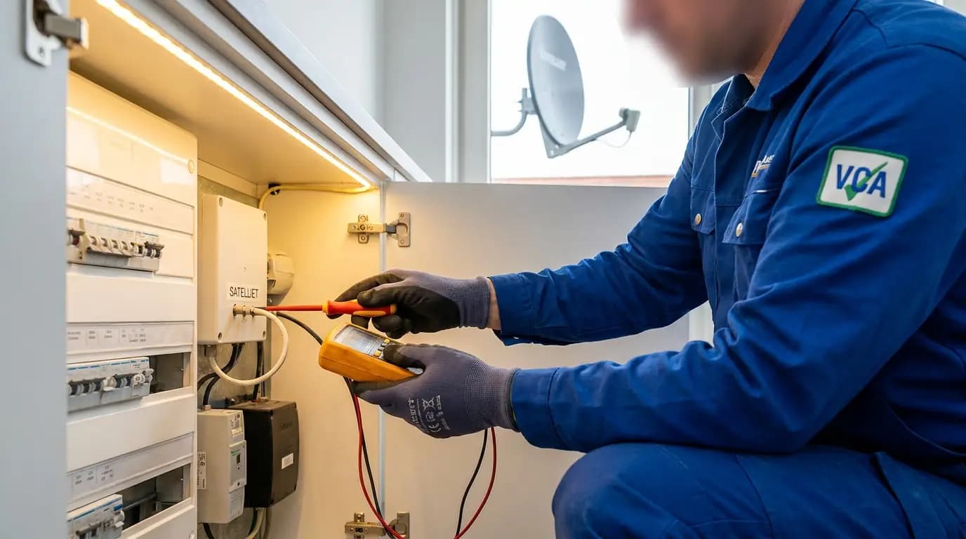 Vakman bezig met TV-satelliet aansluitingen installeren of repareren in een Nederlandse woning