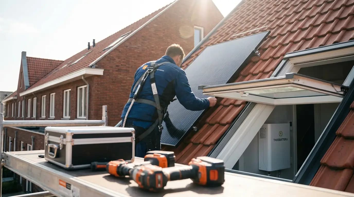 Vakman bezig met thuisbatterij of energieopslag installeren in een Nederlandse woning