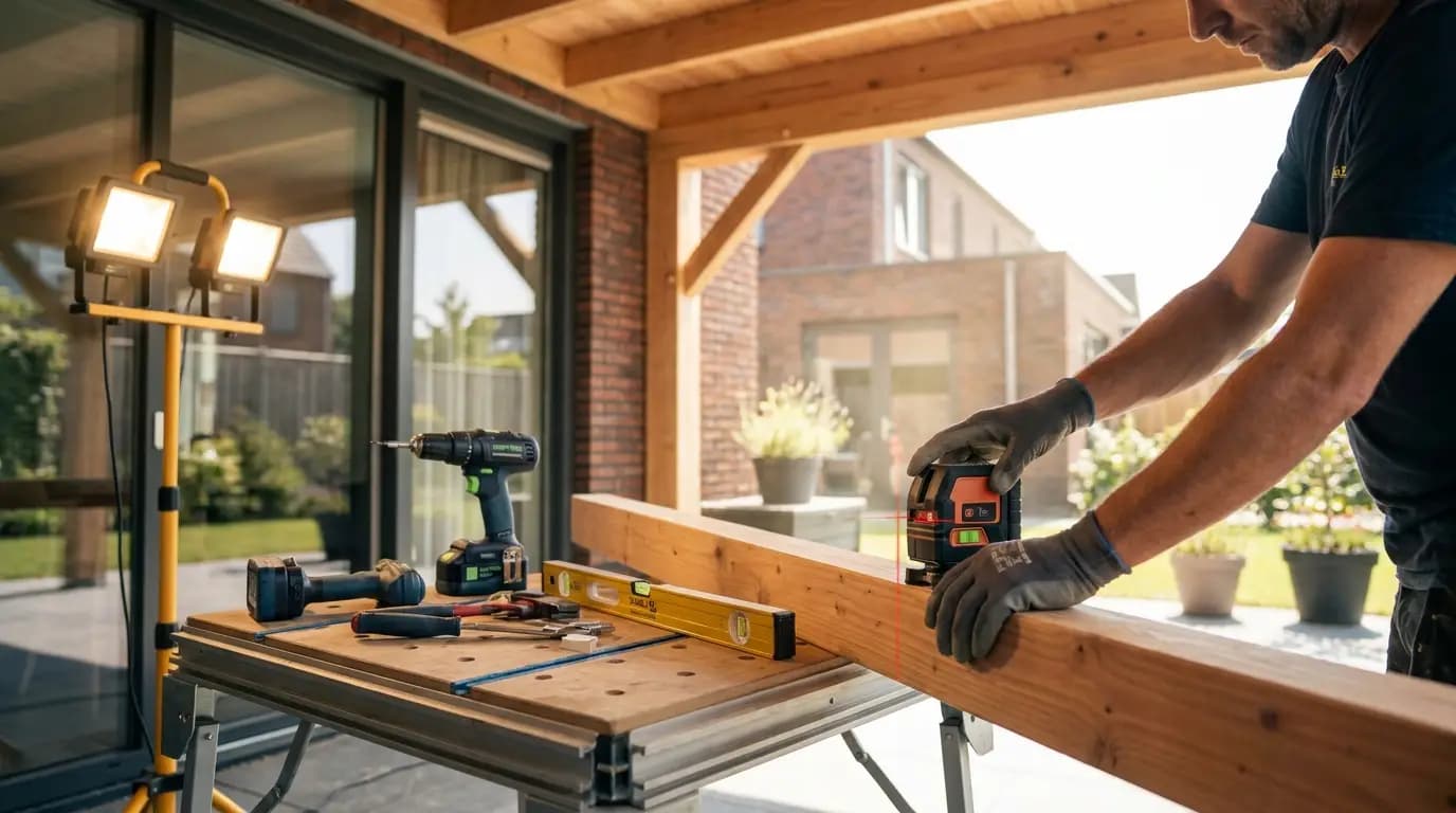 Vakman bezig met veranda aanleggen of vervangen in een Nederlandse woning