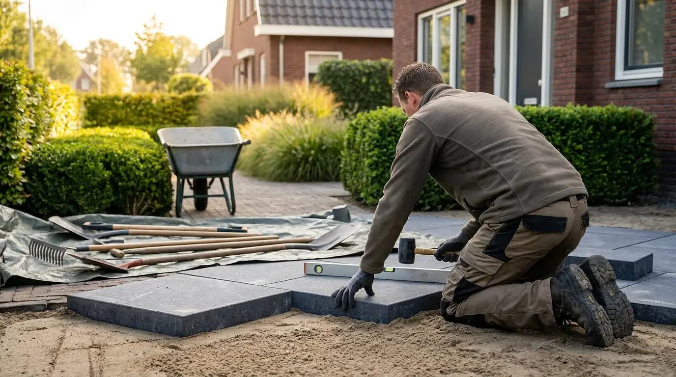 Vakman bezig met tuinonderhoud in een Nederlandse woning