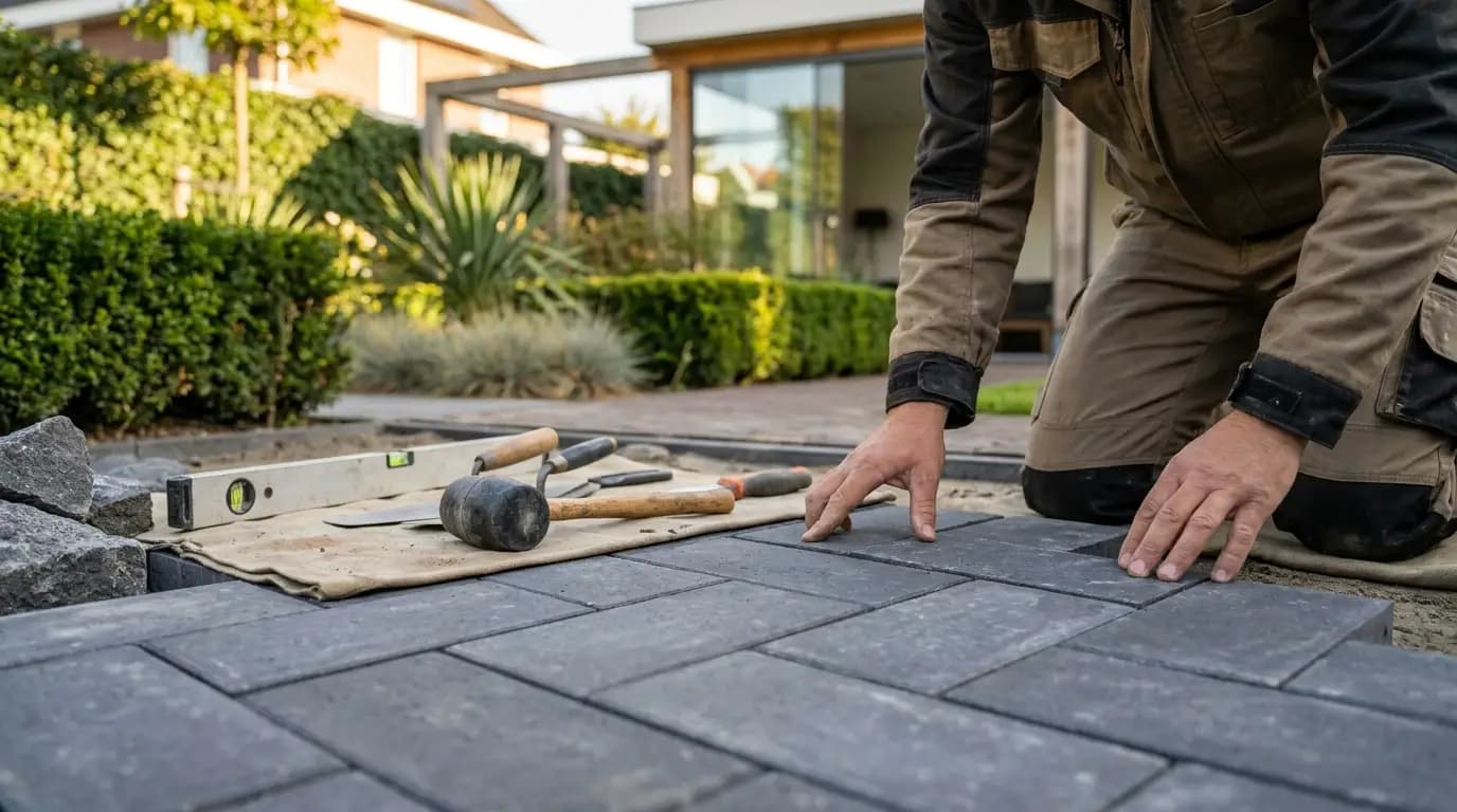 Vakman bezig met vijver aanleggen of onderhouden in een Nederlandse tuin