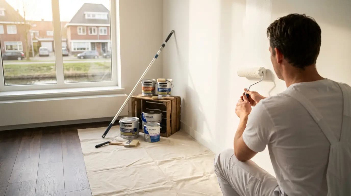 Vakman bezig met het lakken van houten kozijnen in een Nederlandse woning