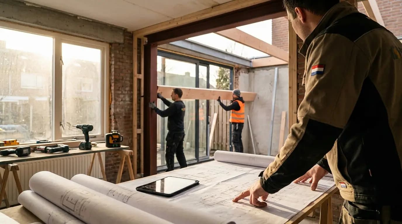 Vakman bezig met uitbouw keuken of woonkamer in een Nederlandse woning