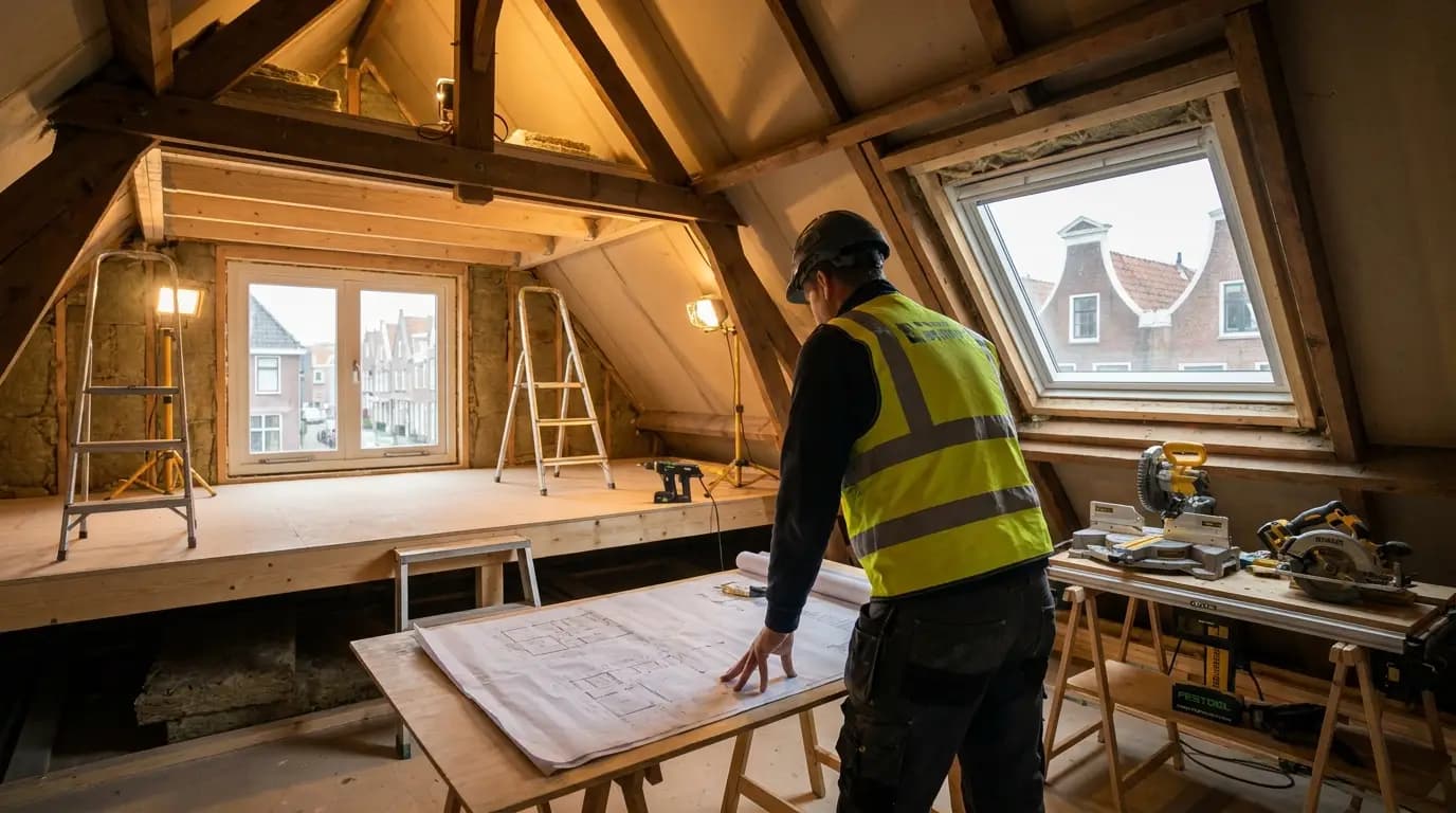 Vakman bezig met het aanleggen van een vliering of bergzolder in een Nederlandse woning
