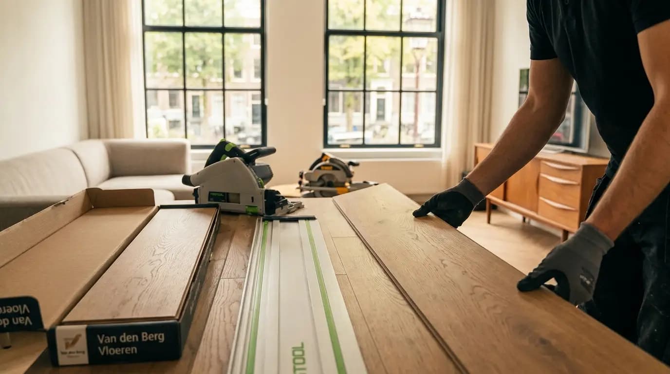 Vakman bezig met vloer coaten of behandelen in een Nederlandse woning