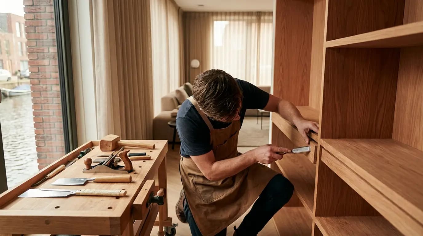 Vakman bezig met het inrichten van een vaste kastruimte in een Nederlandse woning
