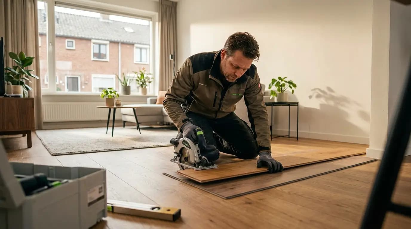 Vakman bezig met vloer reparatie in een Nederlandse woning