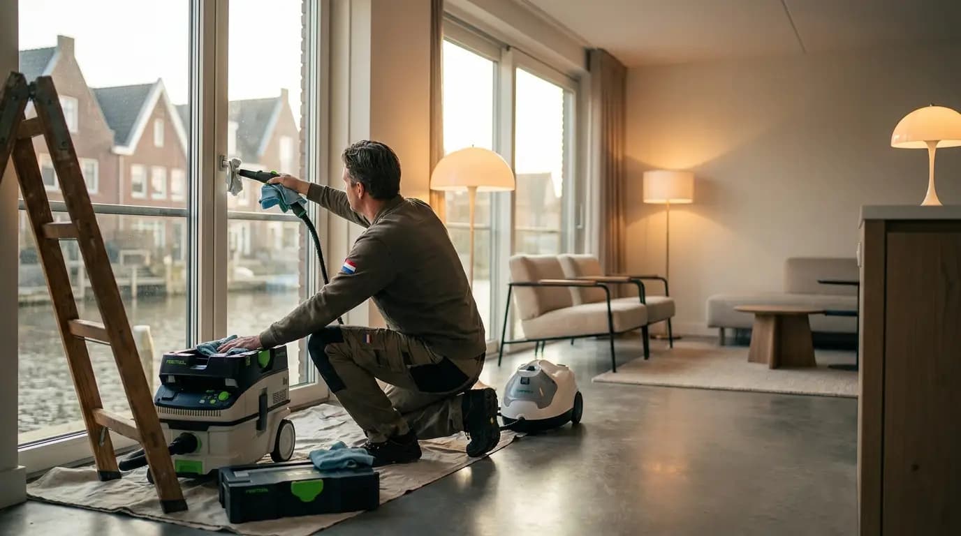 Vakman bezig met verhuisschoonmaak of oplevering in een Nederlandse woning