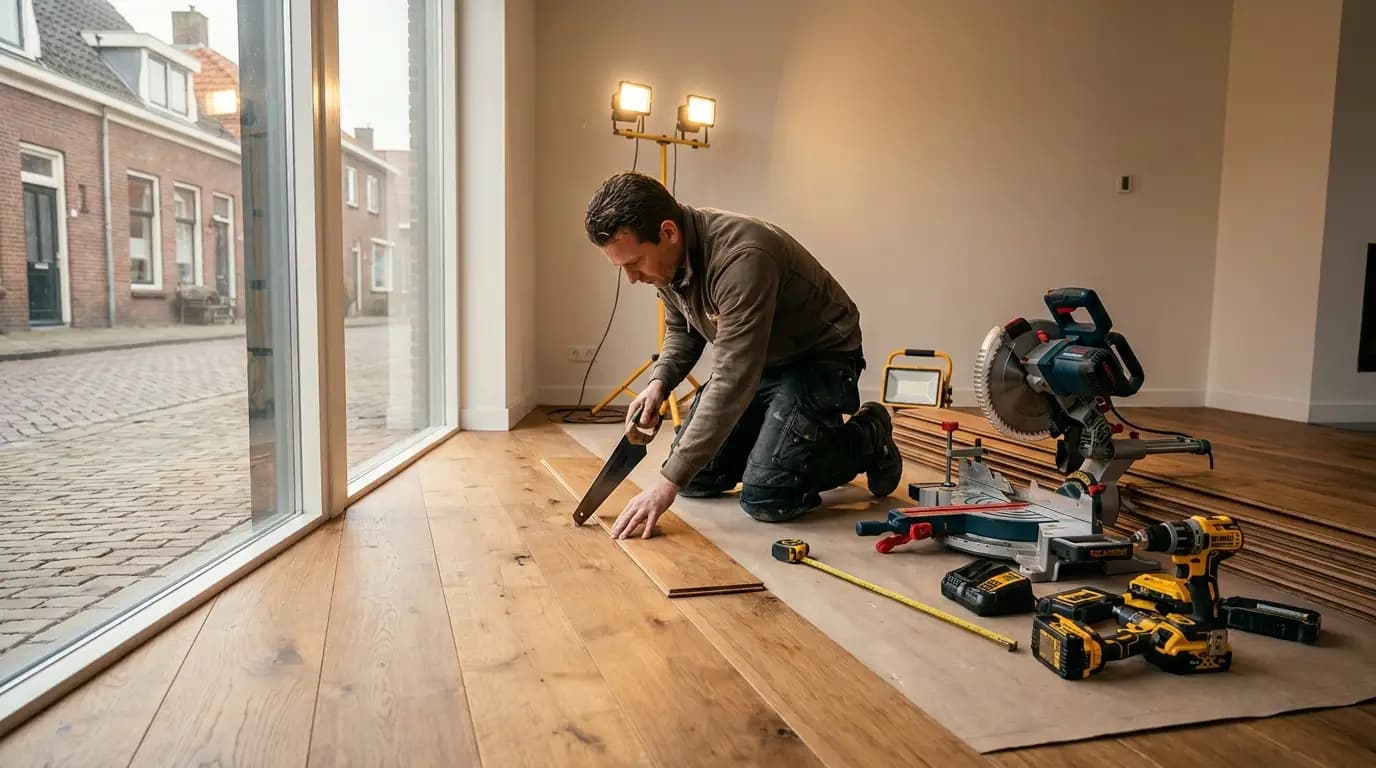Vakman bezig met vloer verwijderen in een Nederlandse woning