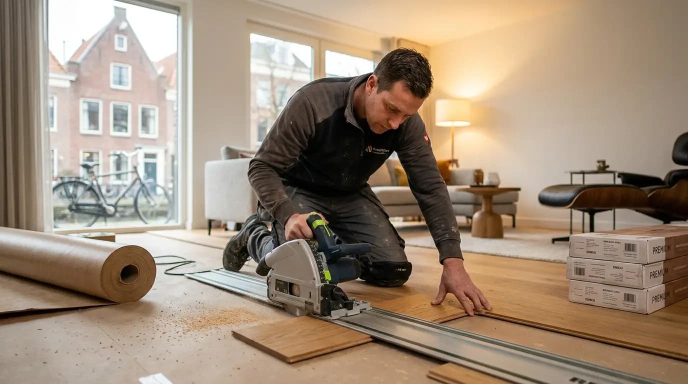 Vakman bezig met vloerbedekking leggen of vervangen in een Nederlandse woning