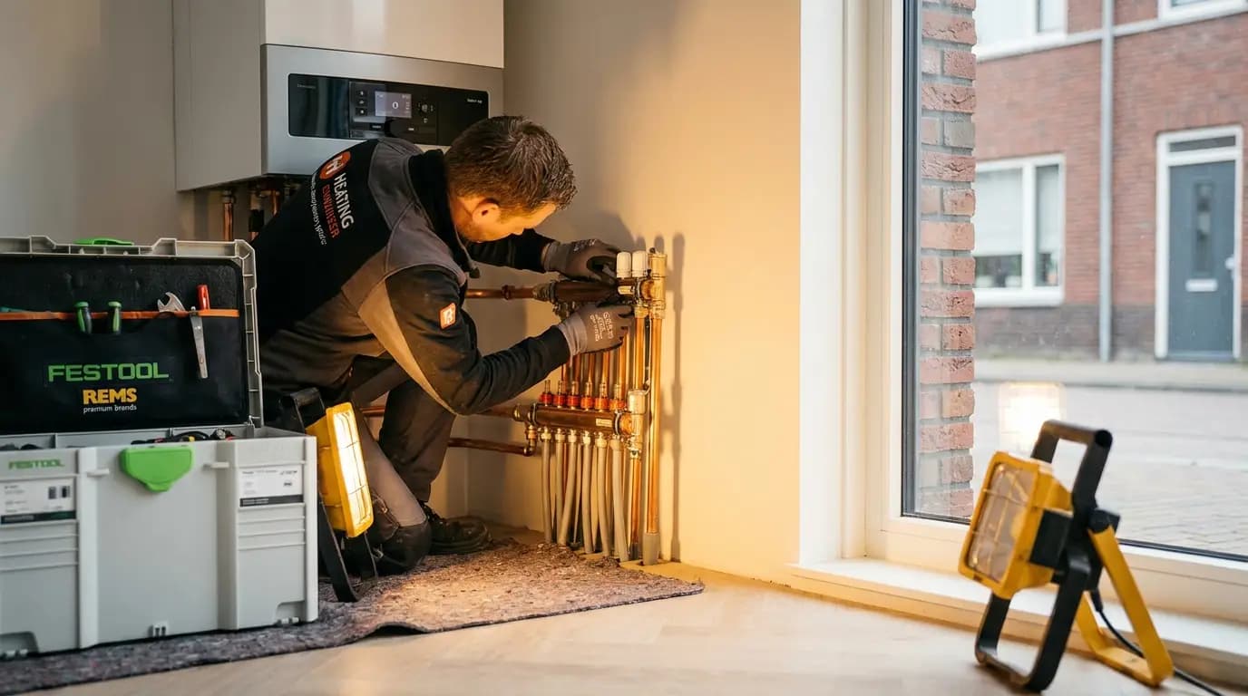 Vakman bezig met vloerverwarming installeren of vervangen in een Nederlandse woning