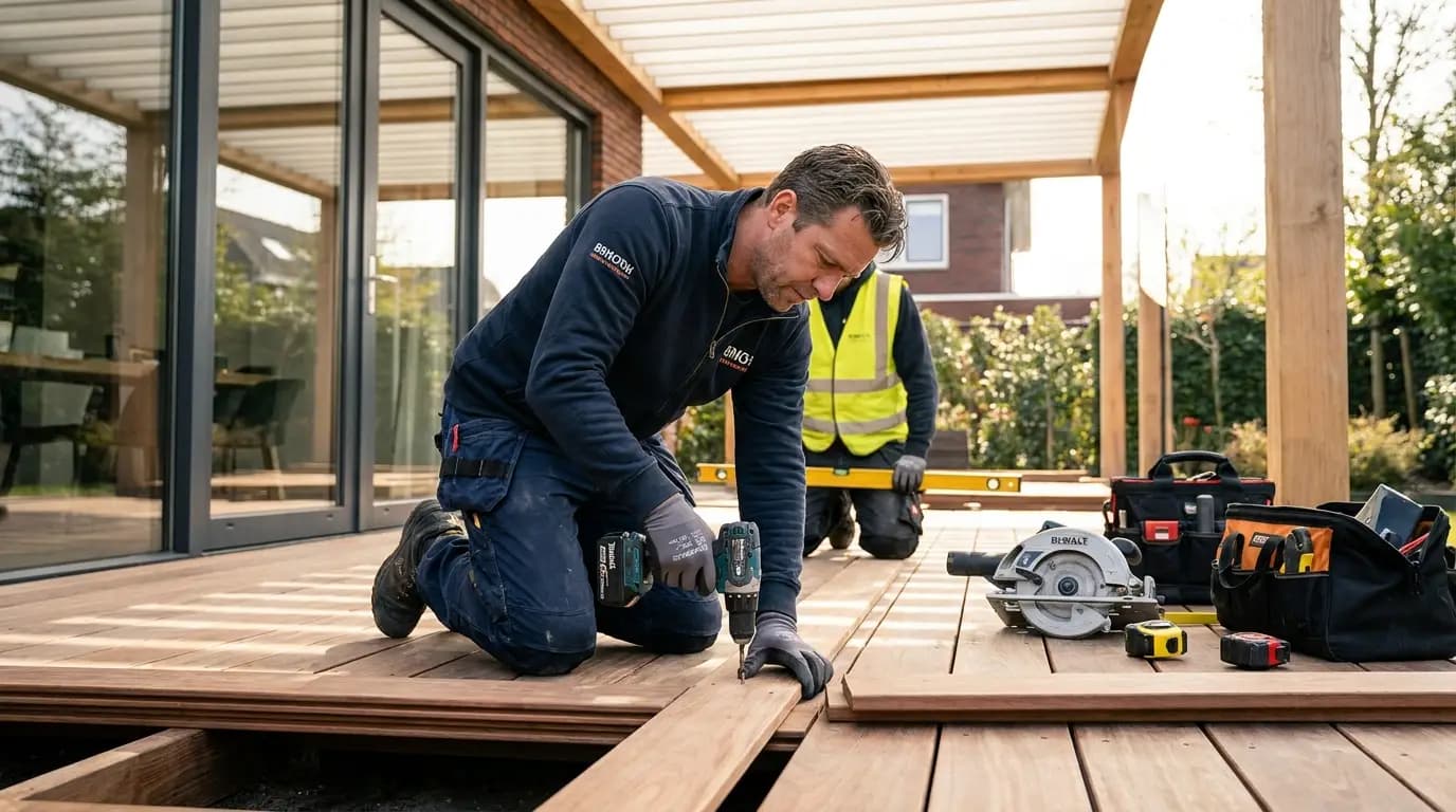 Vakman bezig met vlonder plaatsen in een Nederlandse tuin