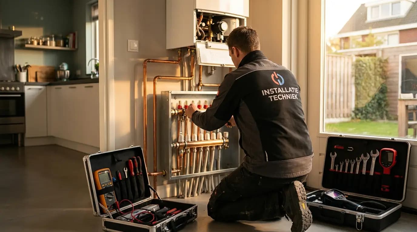 Vakman bezig met vloerverwarming repareren of onderhoud in een Nederlandse woning