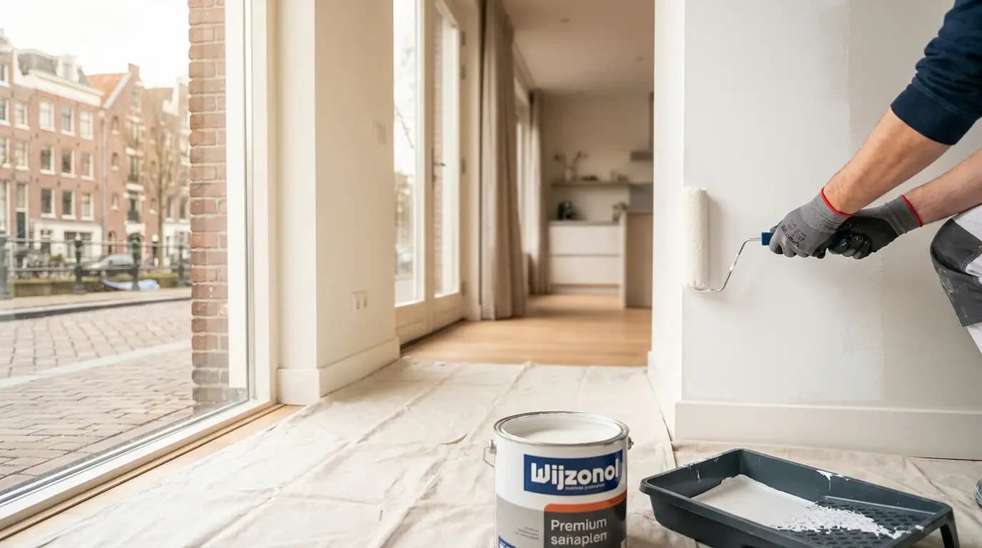 Vakman bezig met vocht- of schimmelplekken behandelen voor schilderwerk in een Nederlandse woning