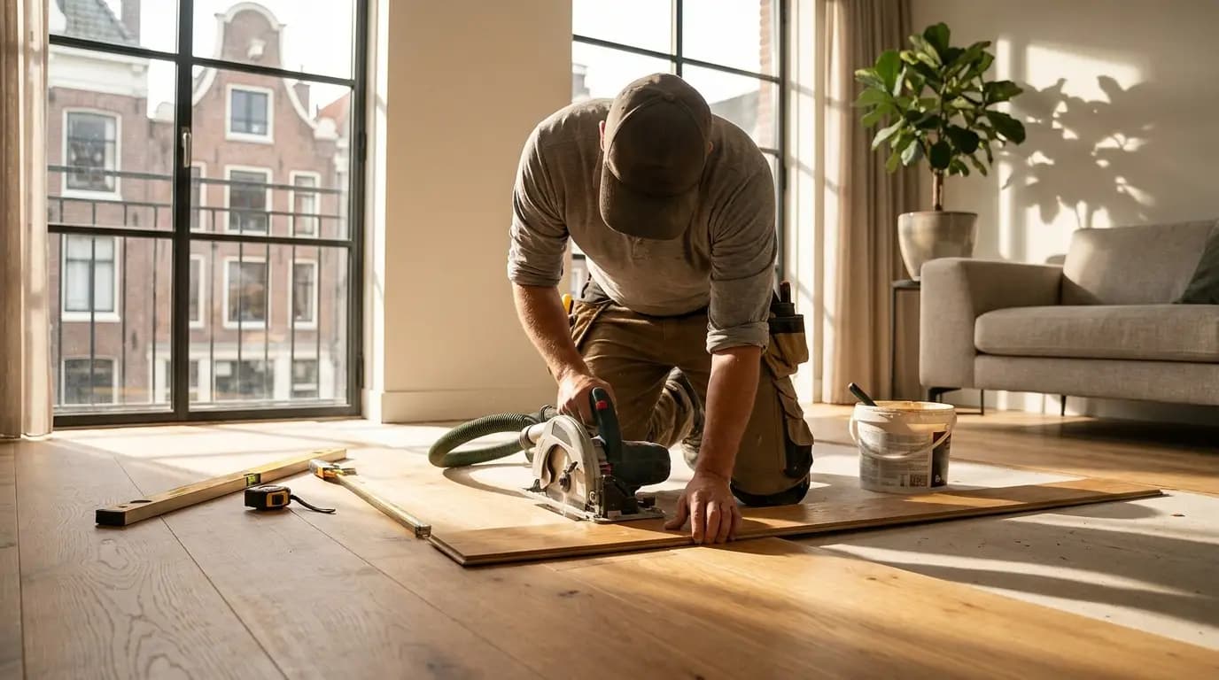 Vakman bezig met vloer egaliseren in een Nederlandse woning