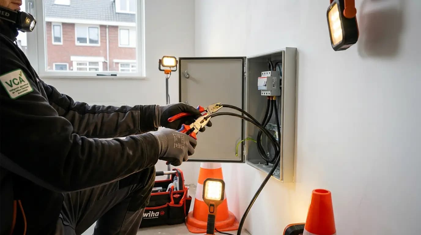 Vakman bezig met voedingskabel, grondkabel of buitenkabel aanleggen in een Nederlandse woning