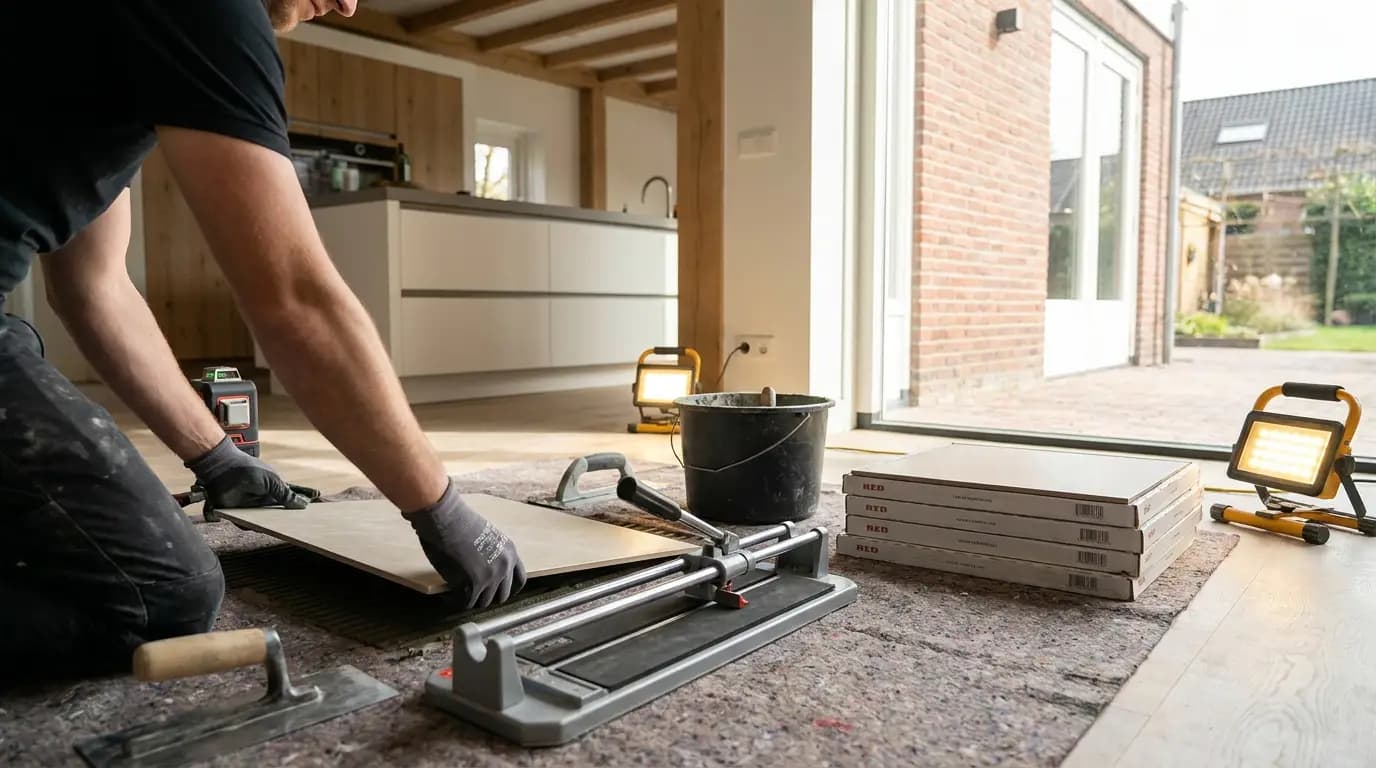 Vakman bezig met wand- of vloertegels zetten in een Nederlandse woning