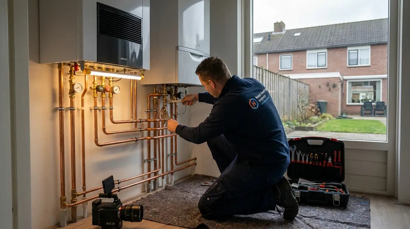 Vakman bezig met warmtepomp installeren of vervangen in een Nederlandse woning