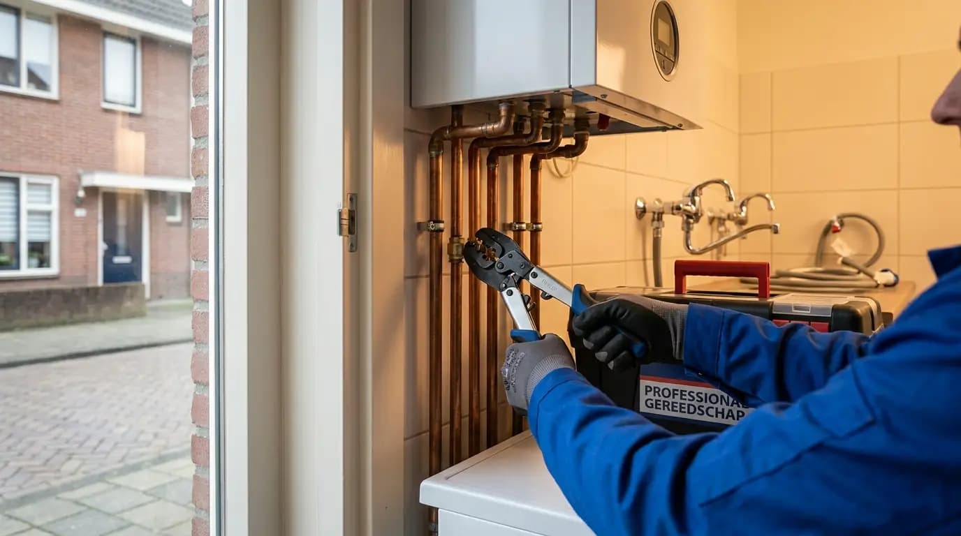 Vakman bezig met waterleiding en riolering (ver)plaatsen of vervangen in een Nederlandse woning