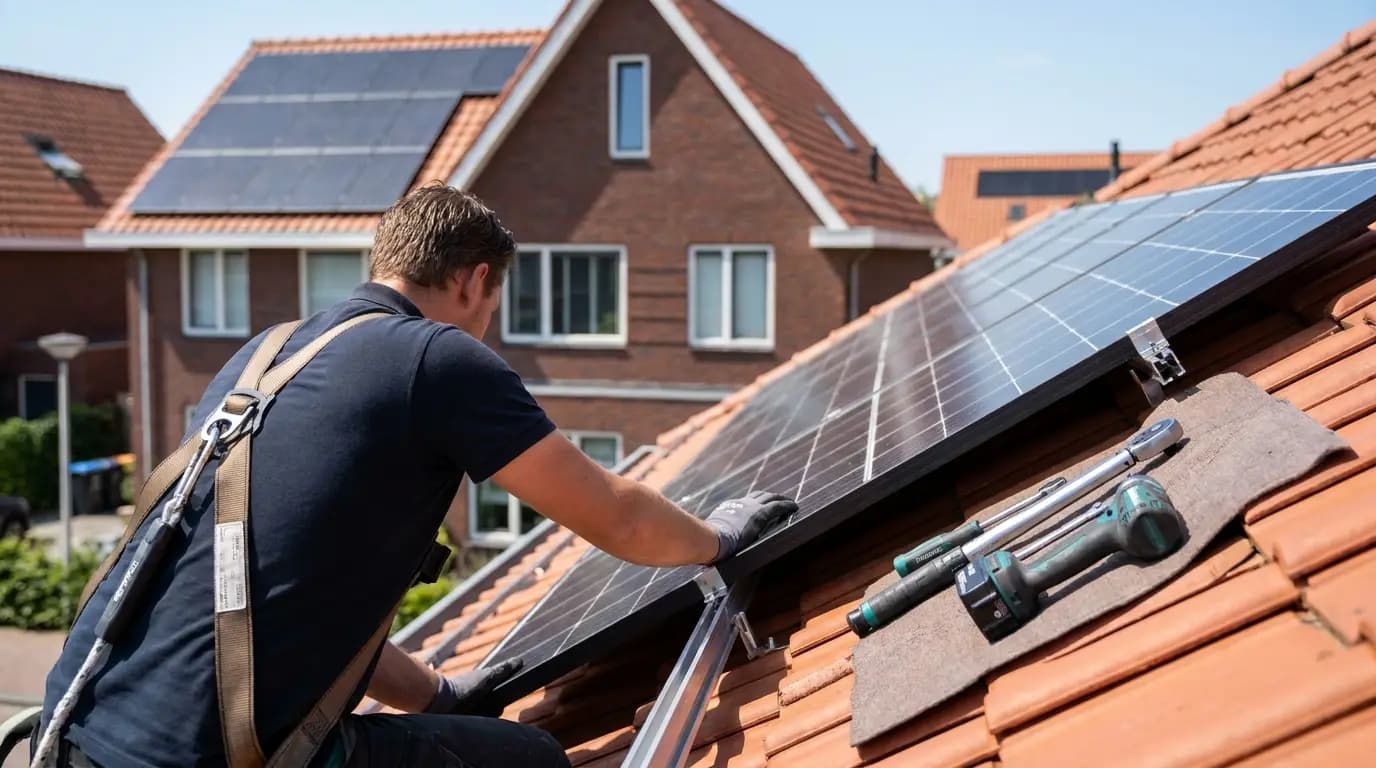 Vakman bezig met zonnepaneel systeem installeren of onderhouden in een Nederlandse woning