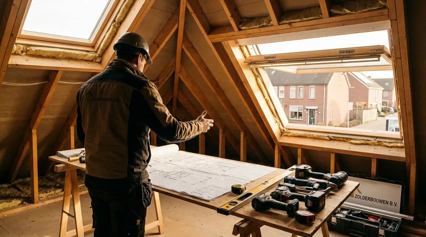 Vakman bezig met het verbouwen van een zolder in een Nederlandse woning
