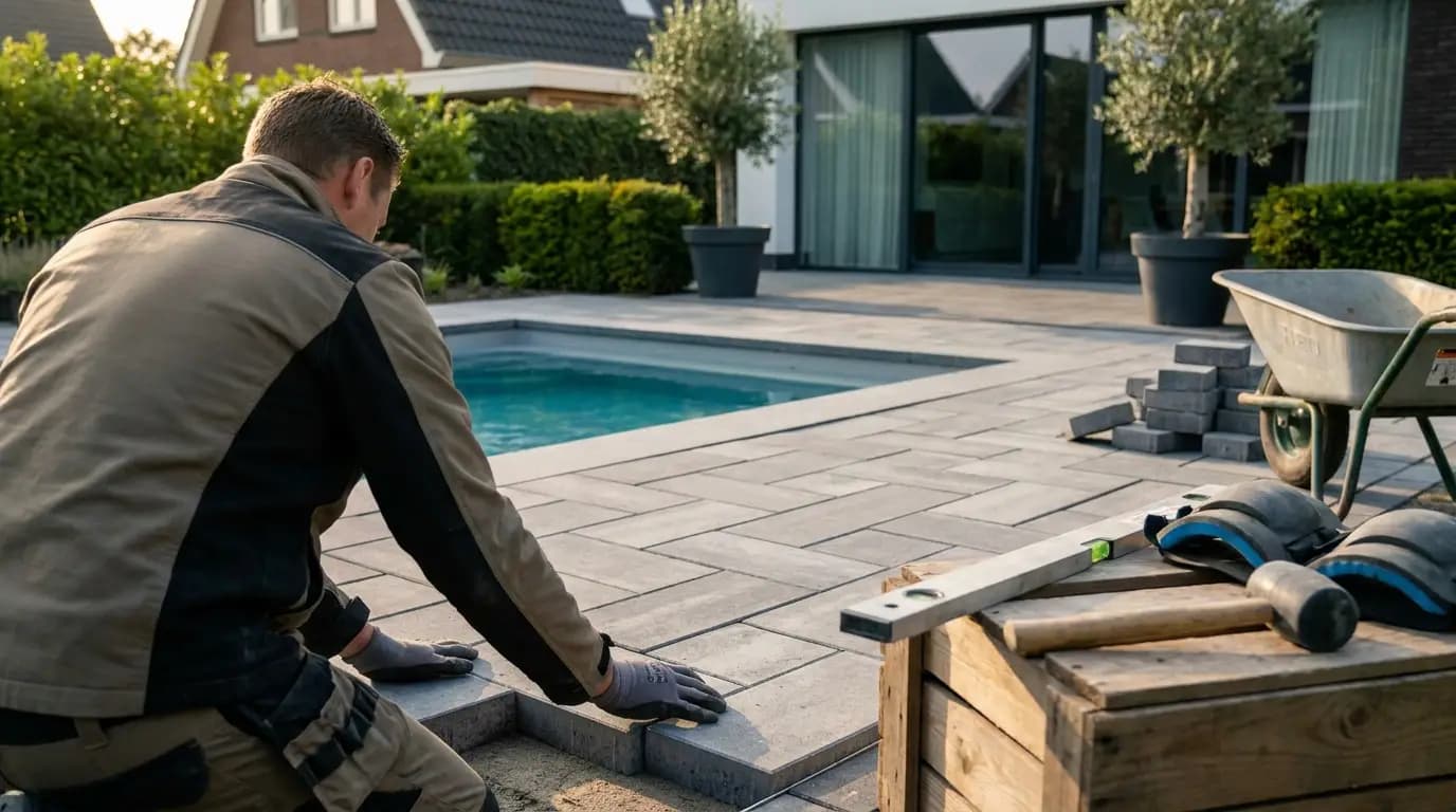 Vakman bezig met zwembad plaatsen of renoveren in een Nederlandse tuin