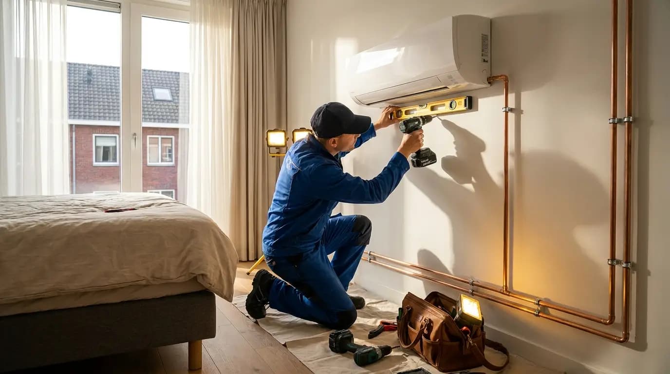Vakman bezig met airco in slaapkamer in een Nederlandse woning