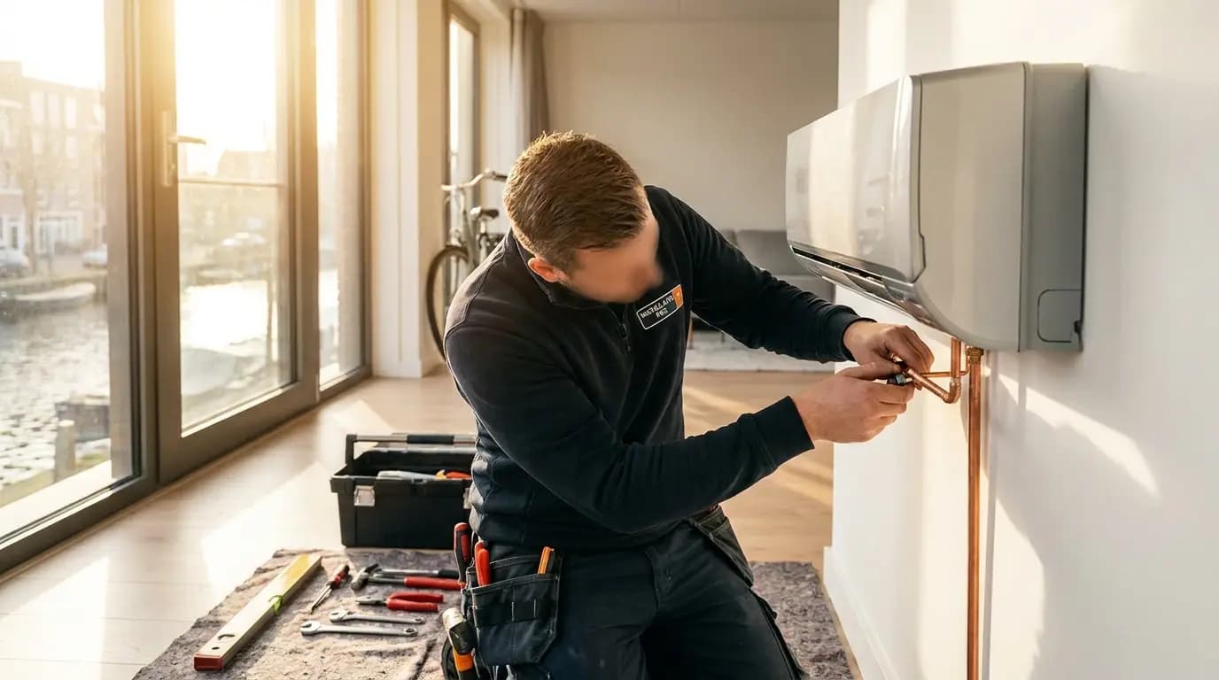 Vakman bezig met airco zonder buitenunit in een Nederlandse woning