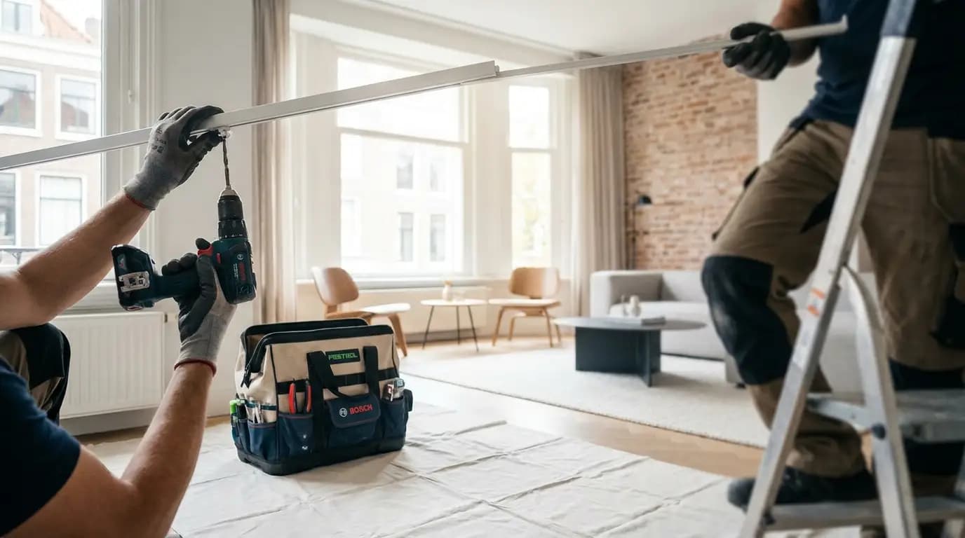 Vakman bezig met gordijnrails ophangen in een Nederlandse woning